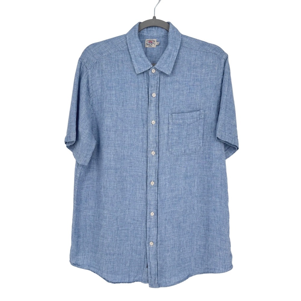 Faherty Mens Linen Shirt Sz L Blue Short Sleeve Button Up Casual Coastal Beach